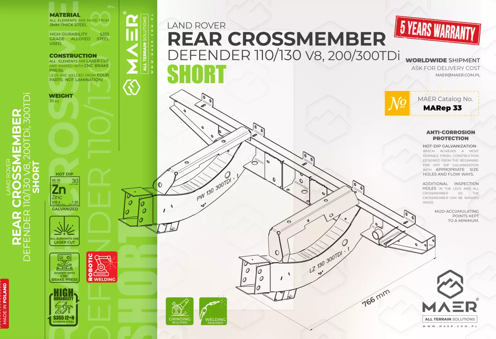 Defender 110/130 V8 and 200/300 TDi rear crossmember SHORT