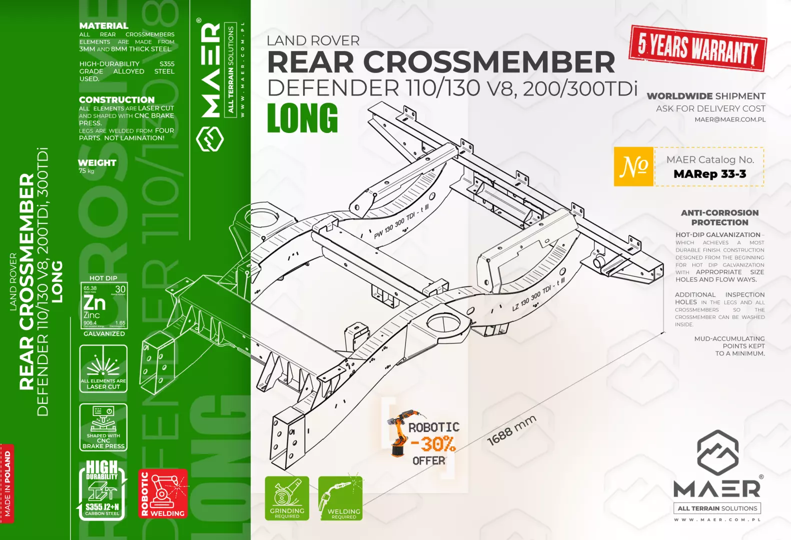 Defender 110/130 V8 and 200/300 TDi rear crossmember LONG - Image 2