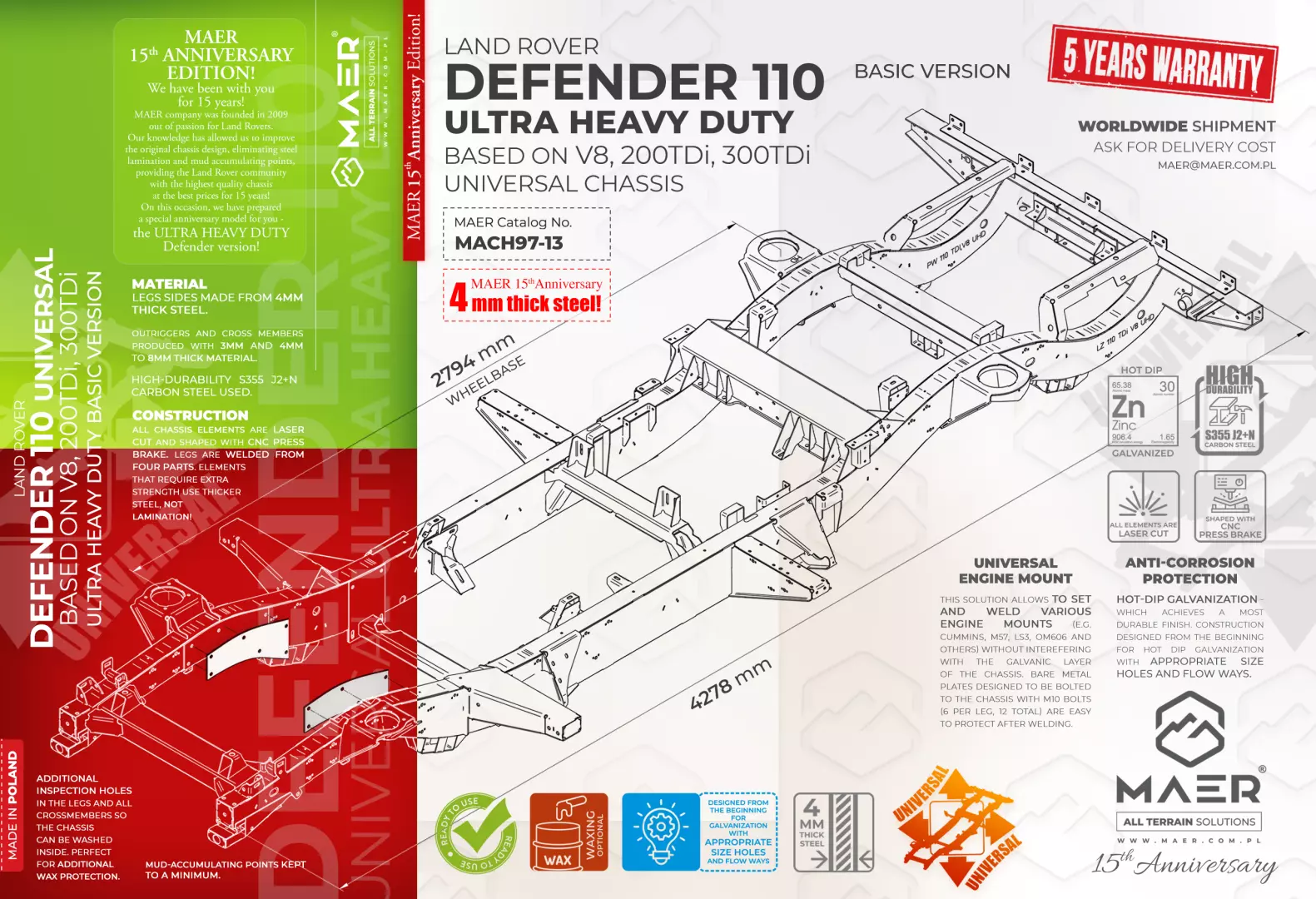 DEFENDER 110 UNIVERSAL ultra HEAVY DUTY based on V8/200TDi/300TDi chassis - BASIC