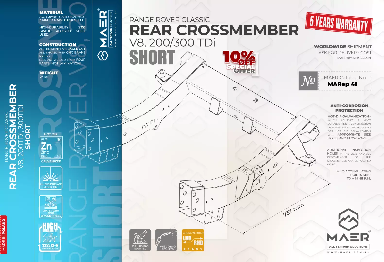 Range Rover Classic REAR crossmember - SHORT - Image 2