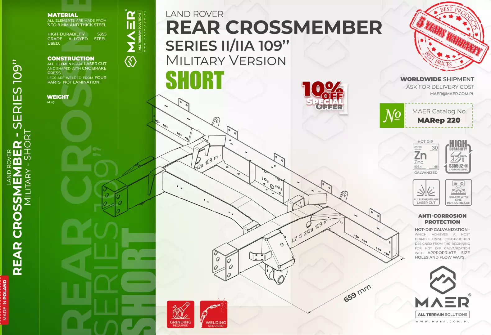 Series II/IIA 109" Military version REAR crossmember - SHORT - Image 2