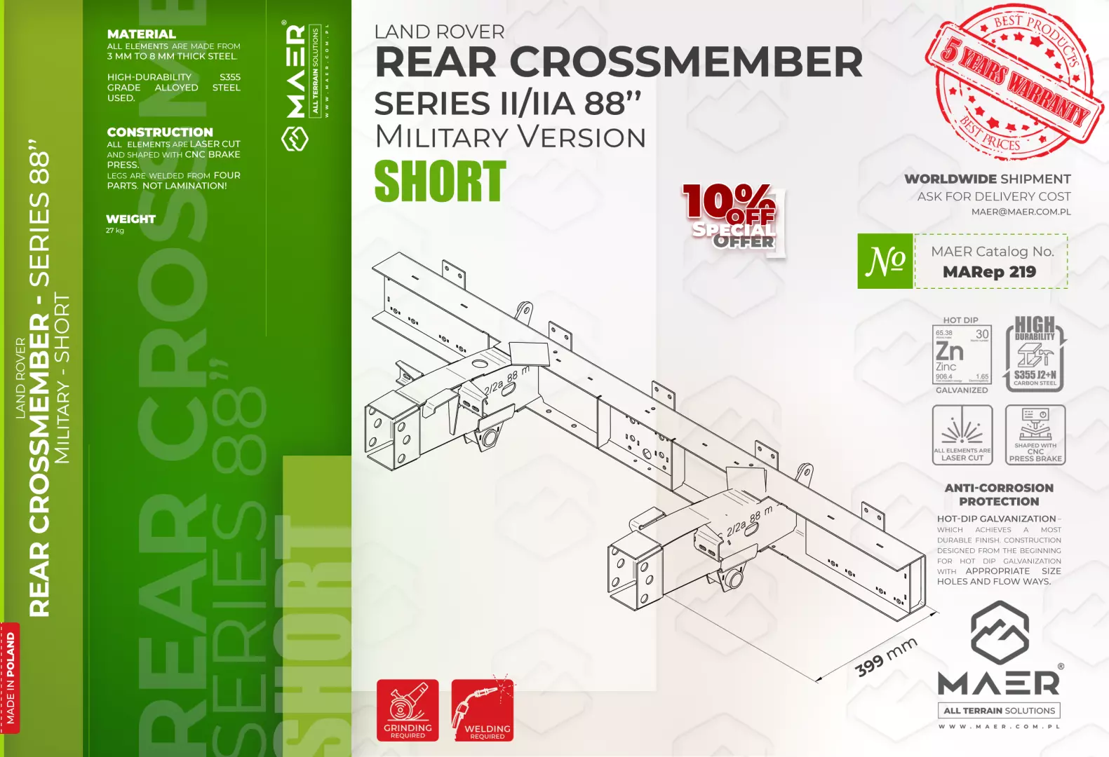Series II/IIA 88" Military version REAR crossmember - SHORT - Image 2