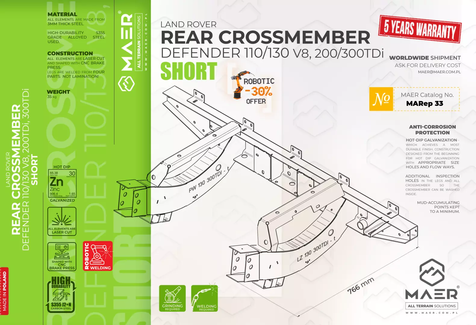 Defender 110/130 V8 and 200/300 TDi rear crossmember SHORT